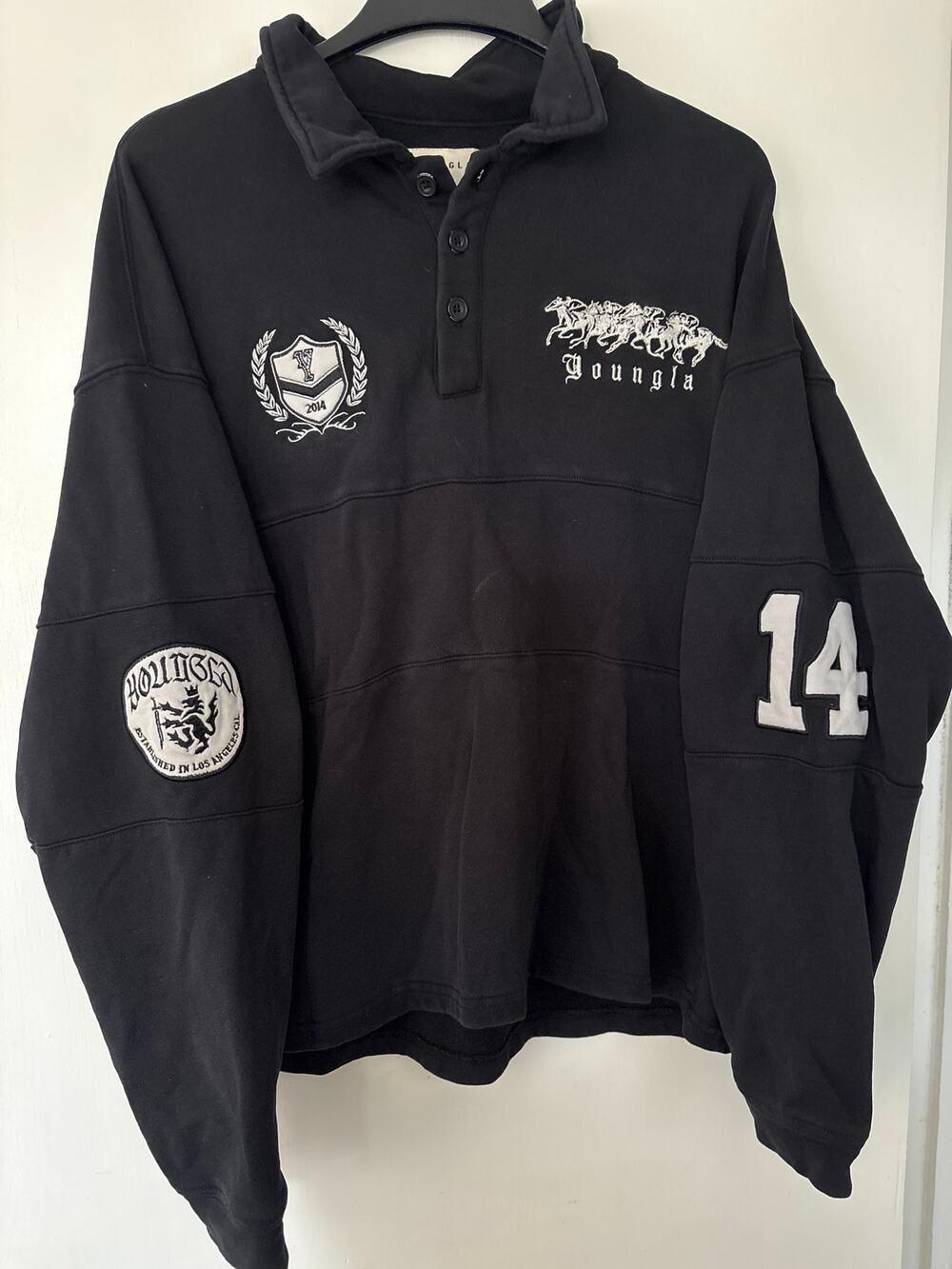 YoungLA 8045 Polo Club Oversized Long Sleeve Embroidered Black Rugby Shirt Large